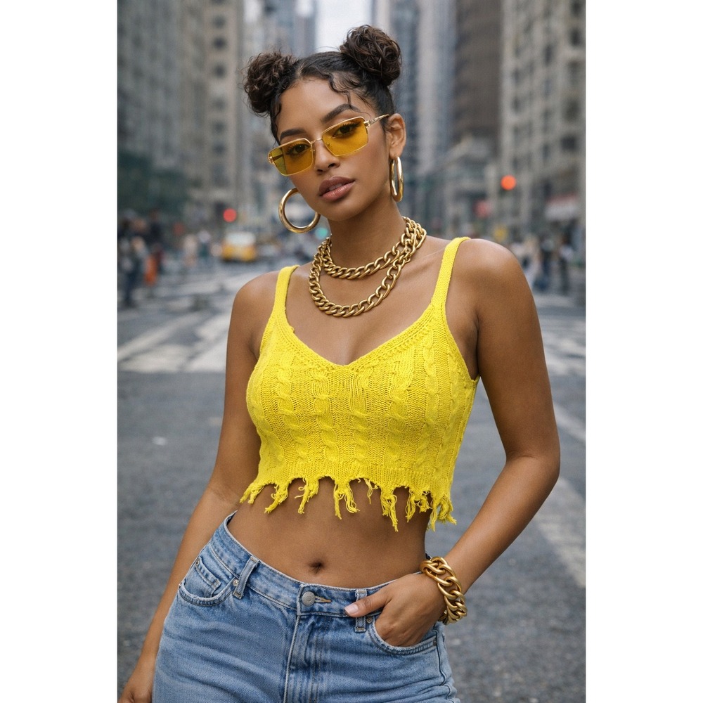 Jolie & Joy Cable Knit Cotton Tank Top Y2K Festival Fringe Hem Yellow Medium